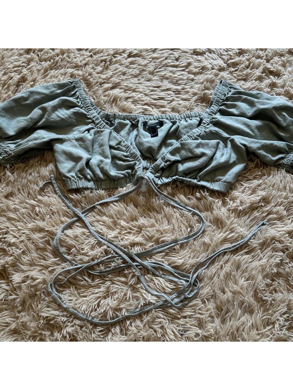 Forever 21 Sage Green Puff Sleeve Crop Top with Tie Detail
